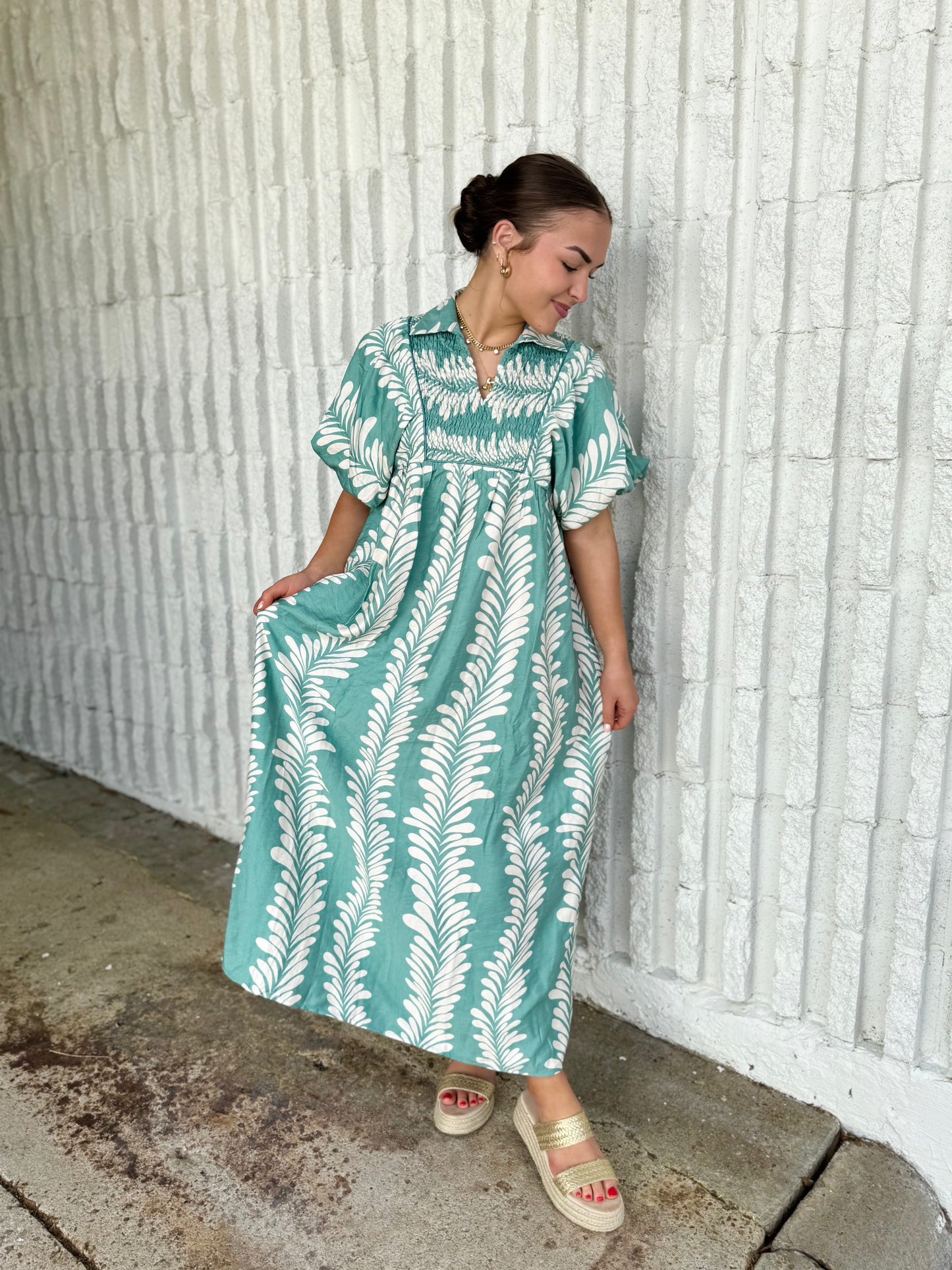 Printed Puff Sleeve Midi Dress