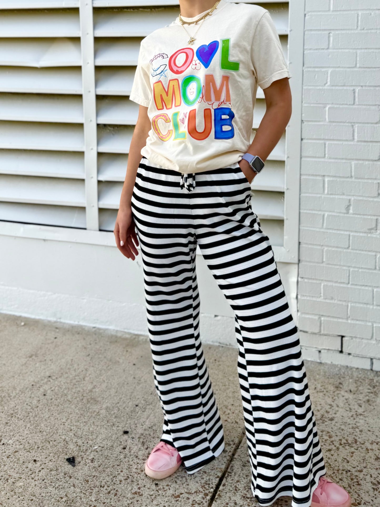 Black Stripe Tie Waist Casual Flare Pants