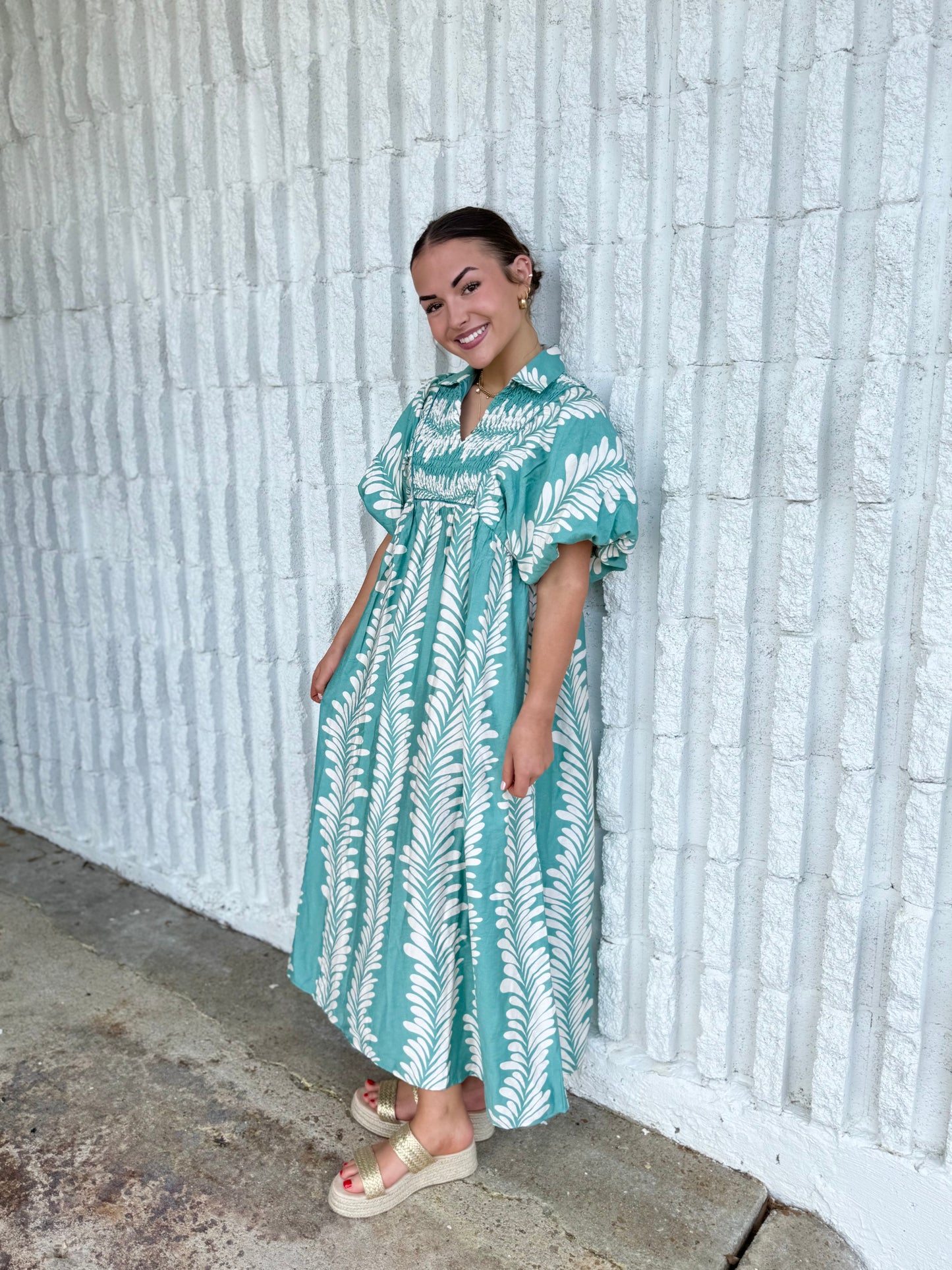 Printed Puff Sleeve Midi Dress