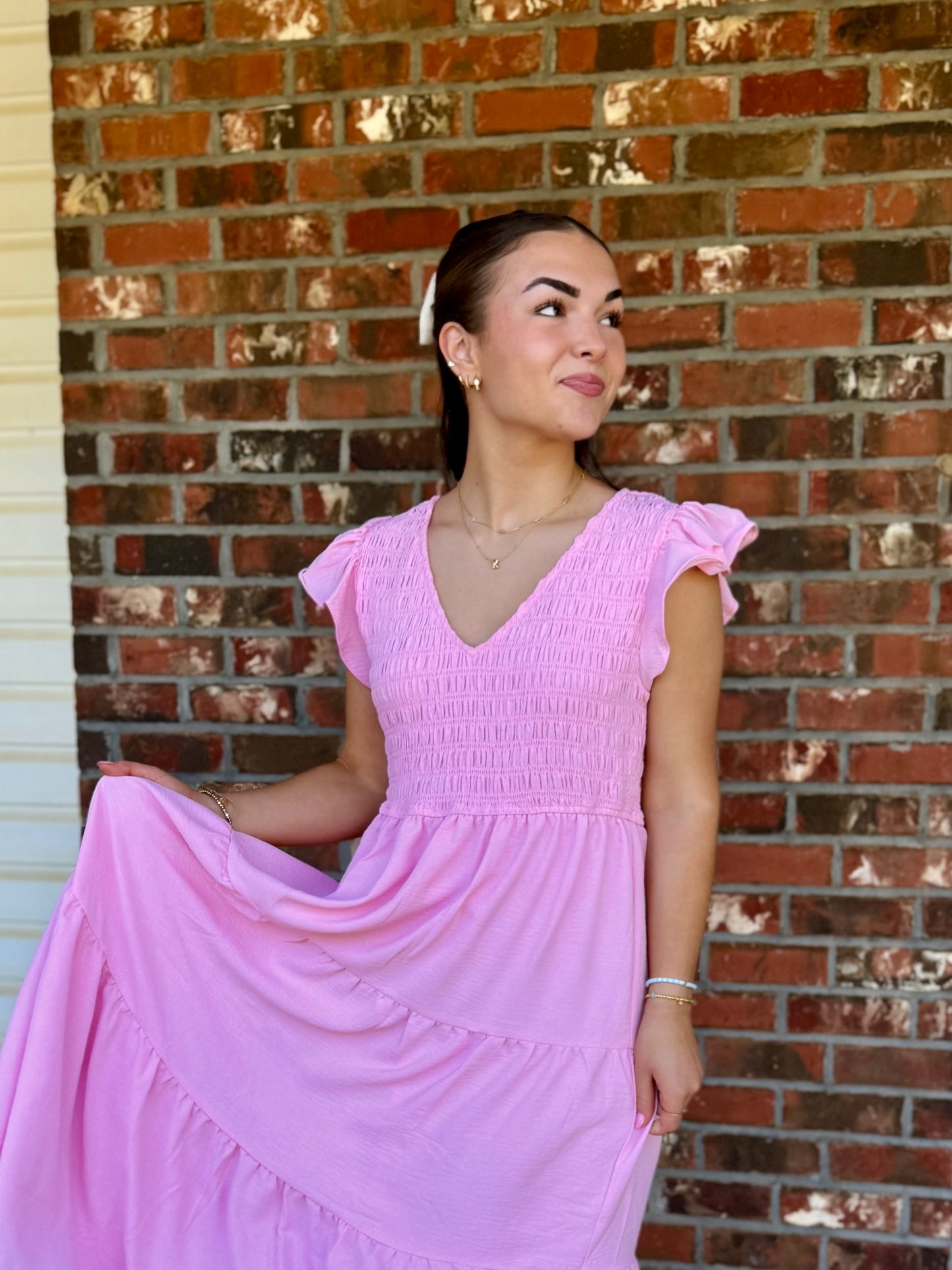 Flutter Sleeve Smocked MIDI Dress, Light Pink