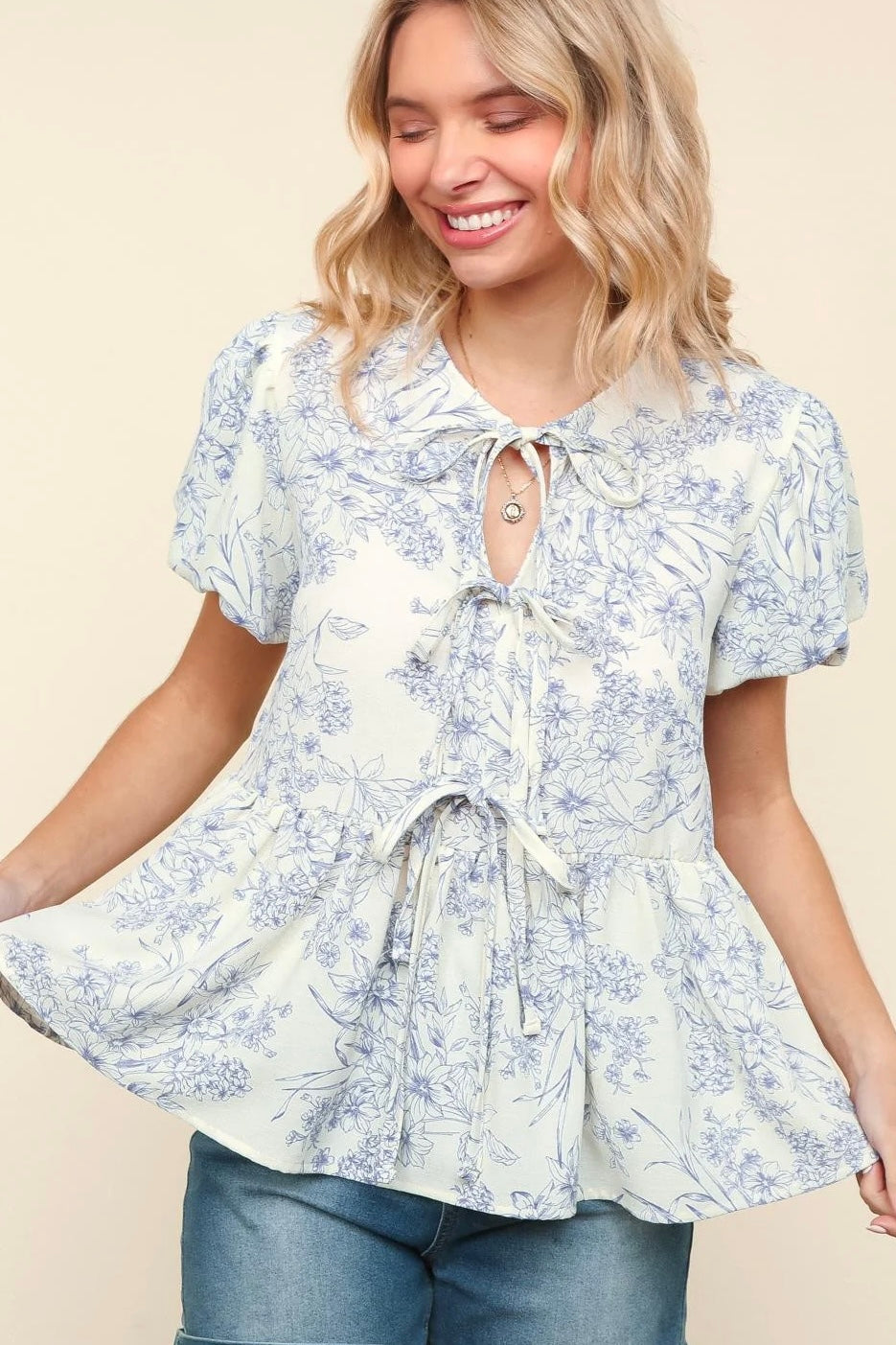 Front Ribbon Bow Tie Floral Blouse