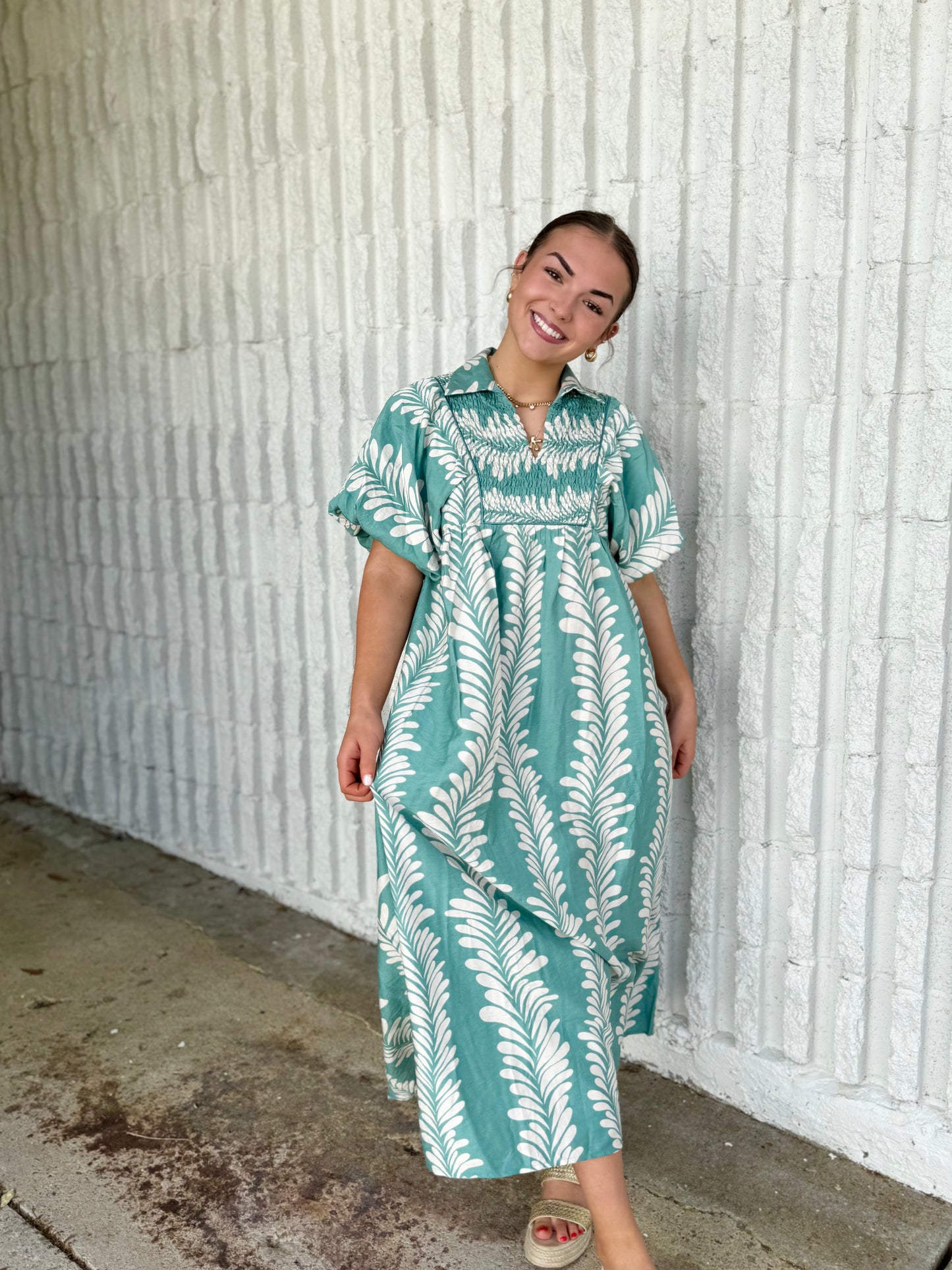 Printed Puff Sleeve Midi Dress