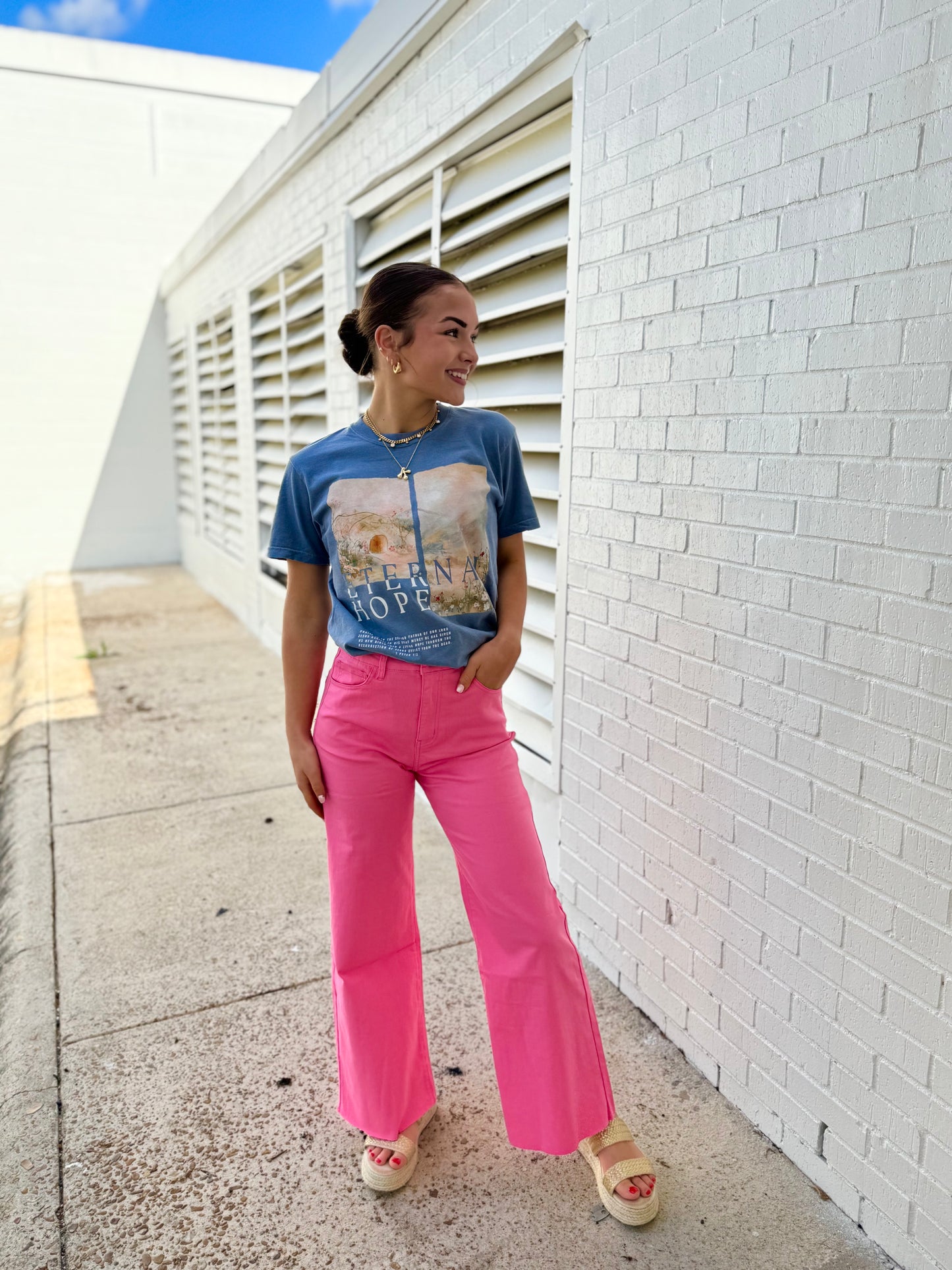 Pink Stretch High Rise Wide Leg Cropped Jeans
