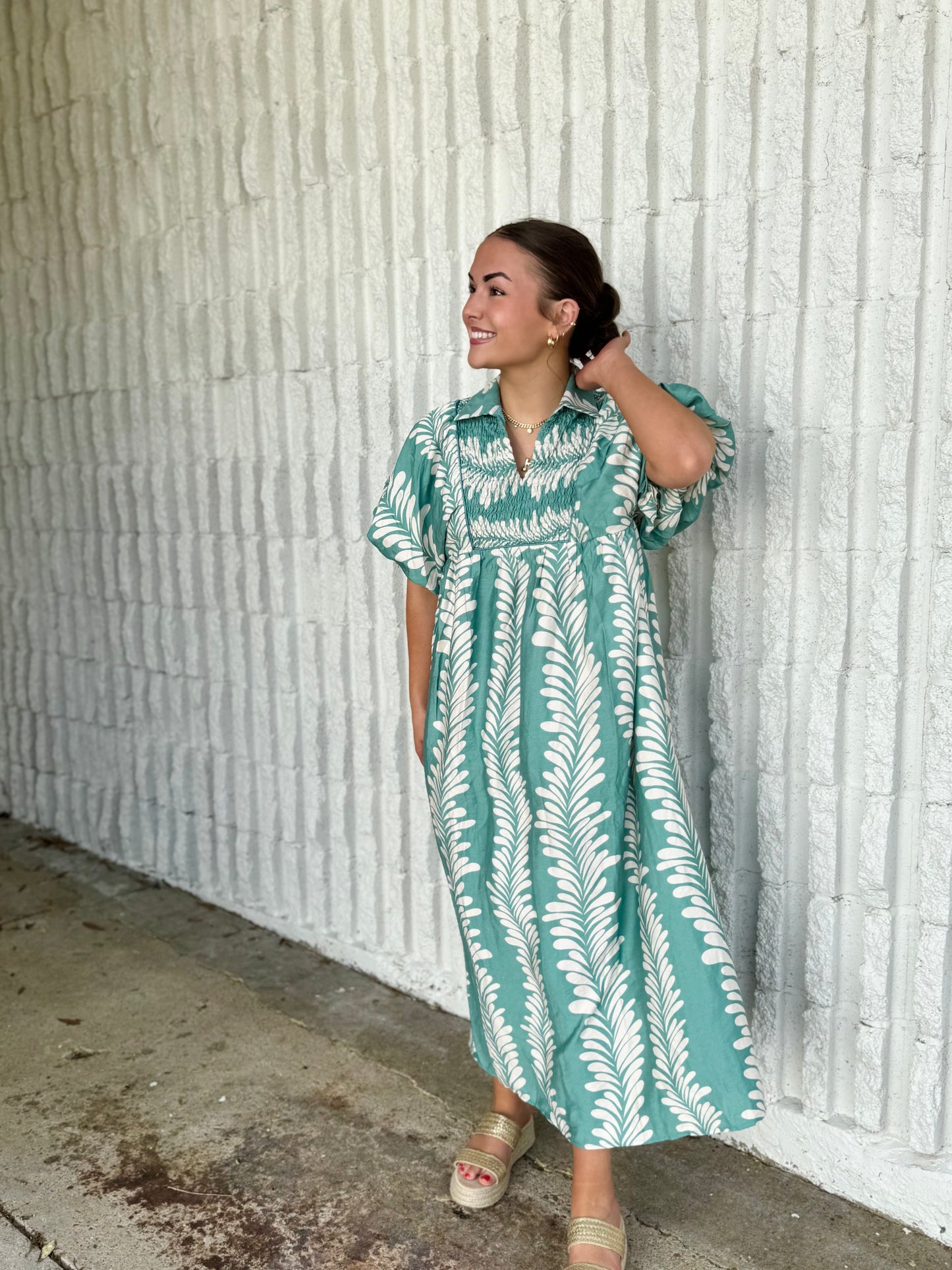Printed Puff Sleeve Midi Dress