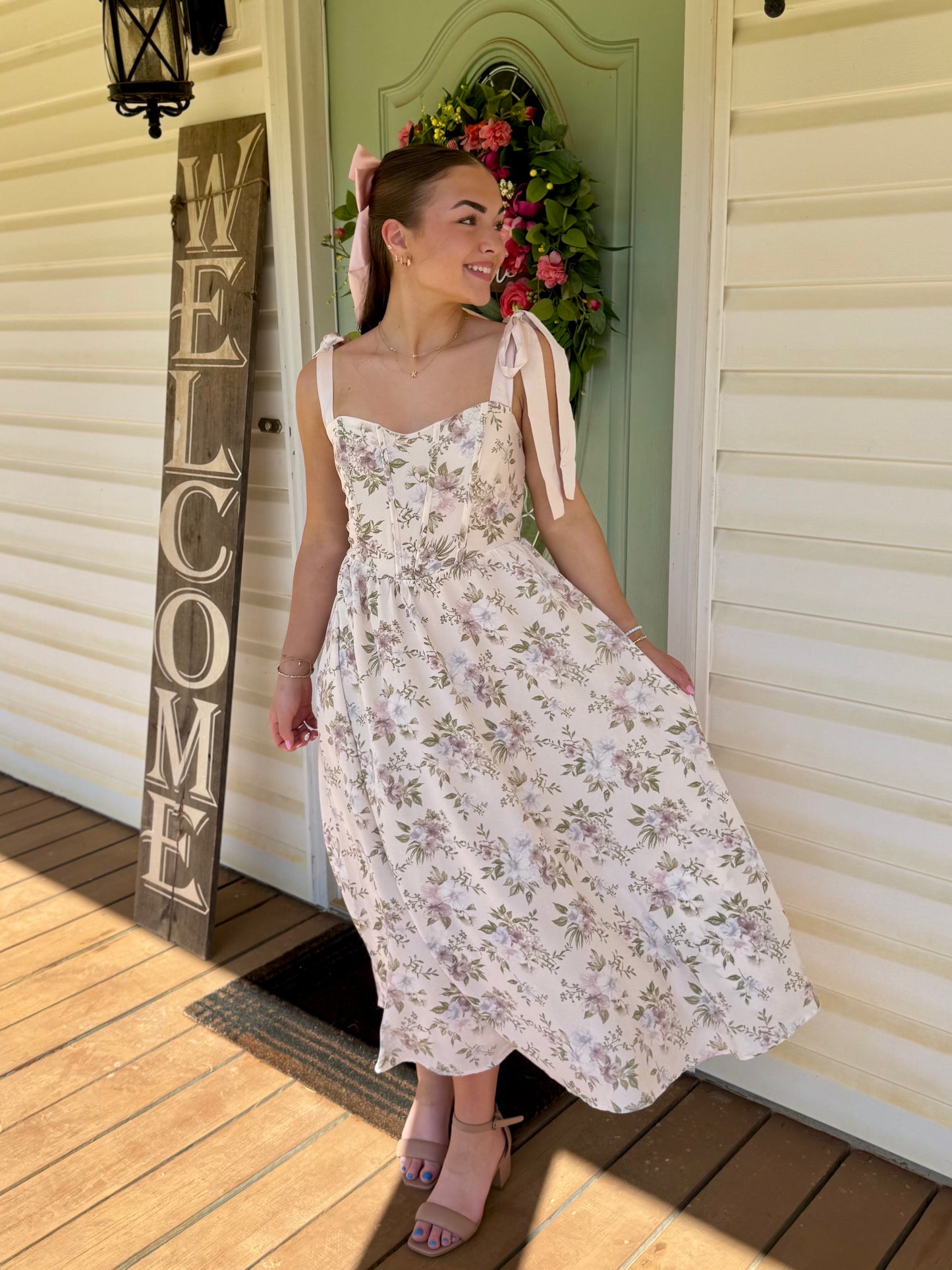 Floral Corset Detail Tie Strap MIDI Dress, Beige Multi