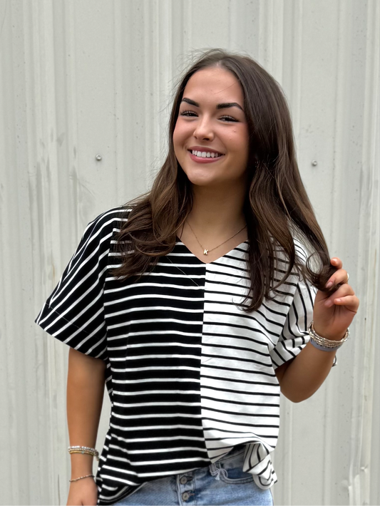 Black Stripe Color Block V-neck Tee