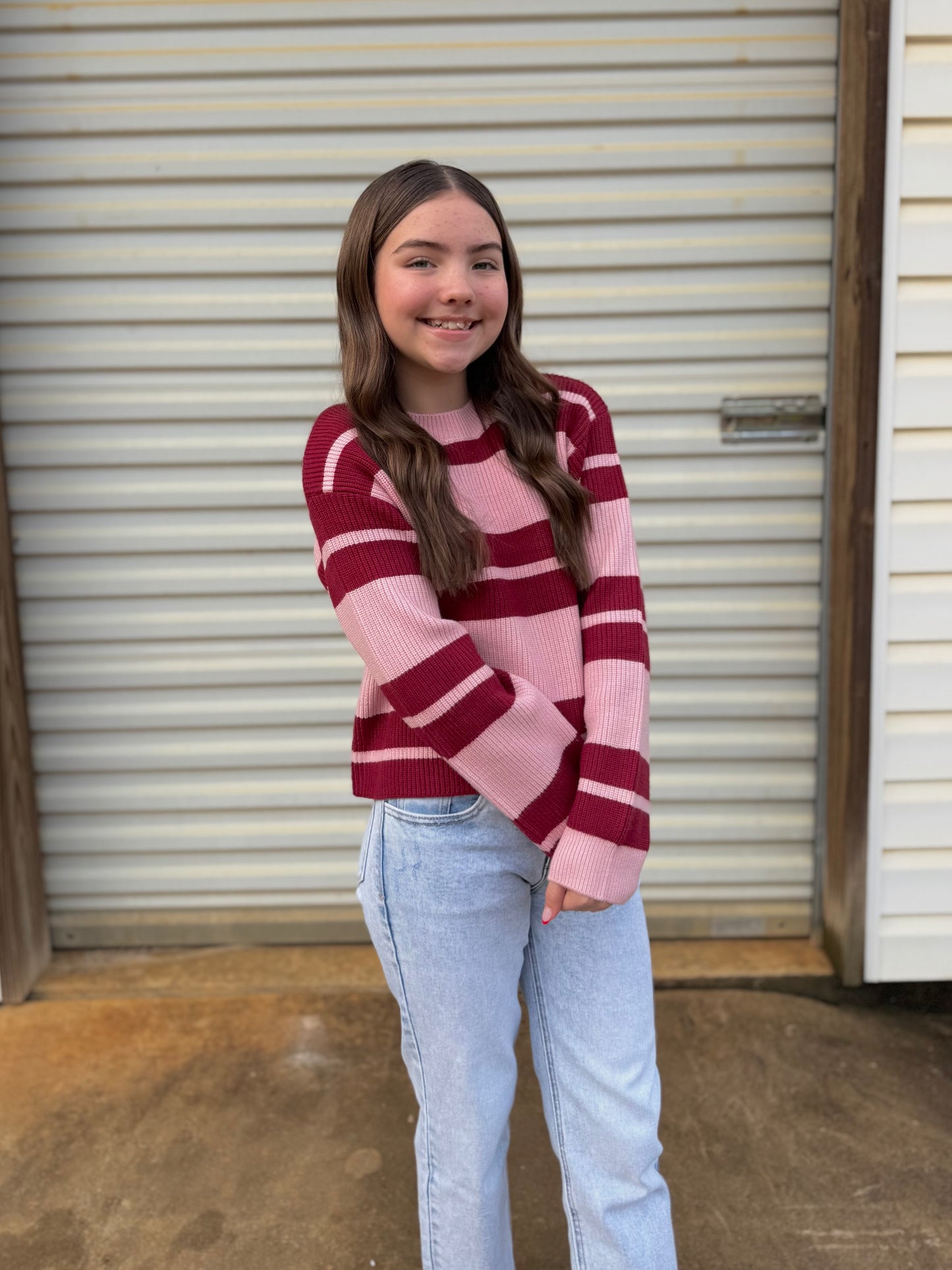 Girls Pink/Red Striped Sweater