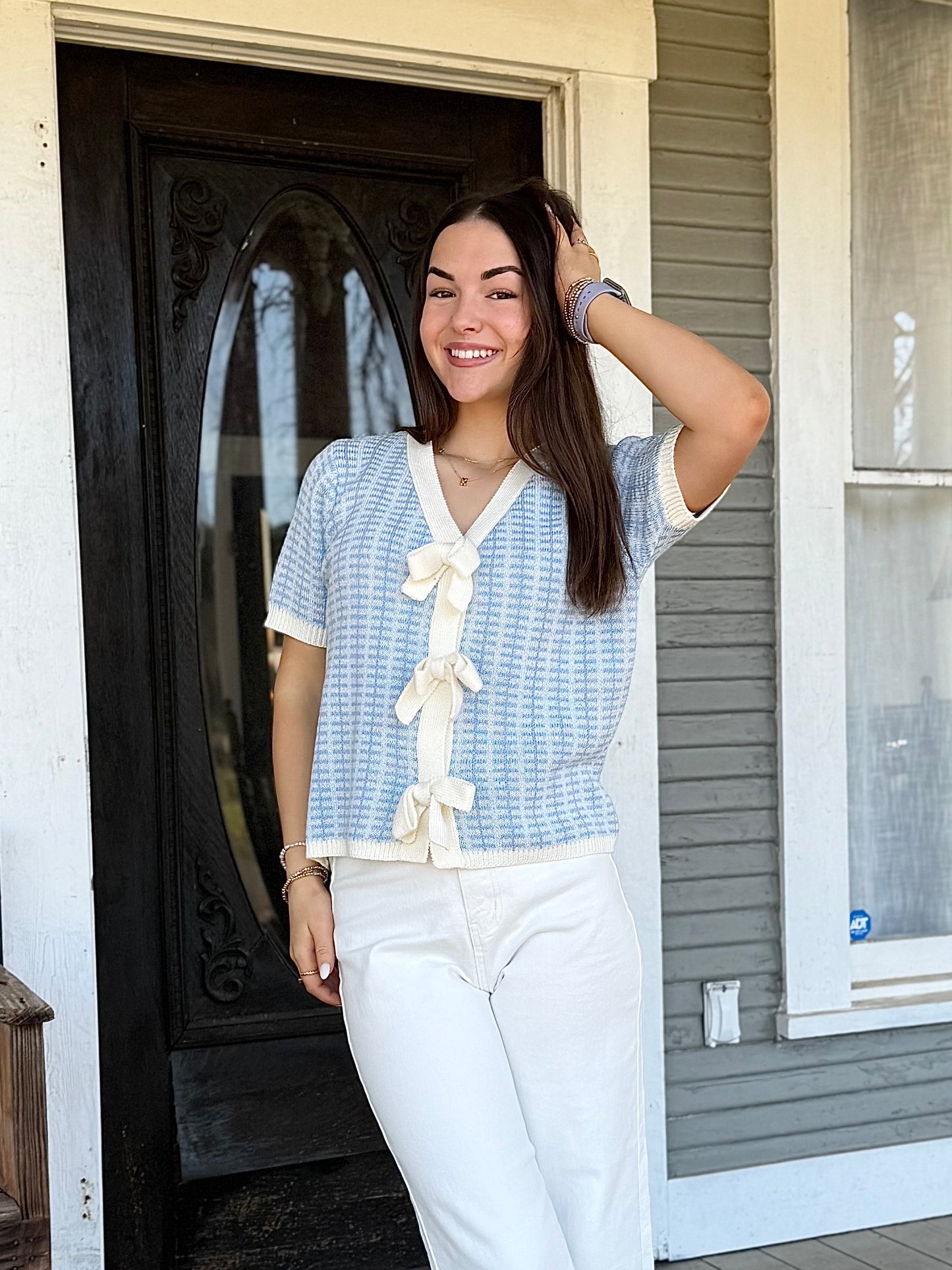 Light Blue Bow Sweater Knit Top