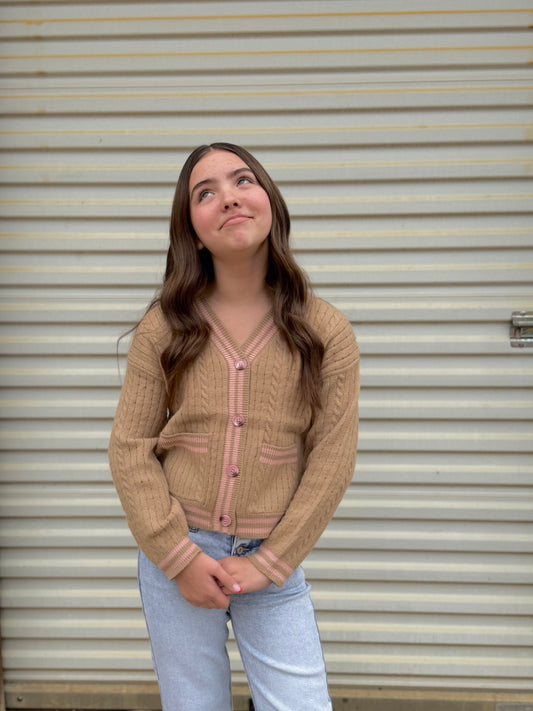 Girls Taupe/Pink Drop Shoulder Cardigan