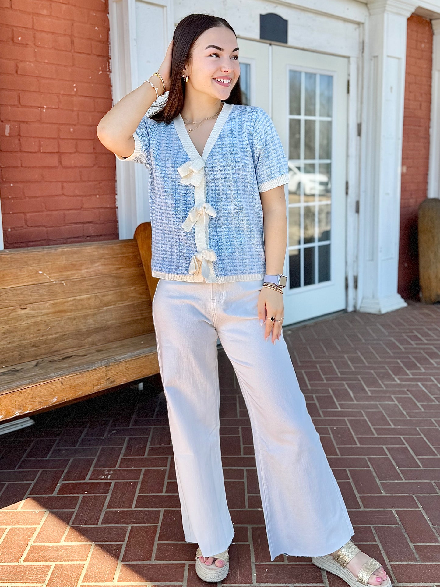 Light Blue Bow Sweater Knit Top