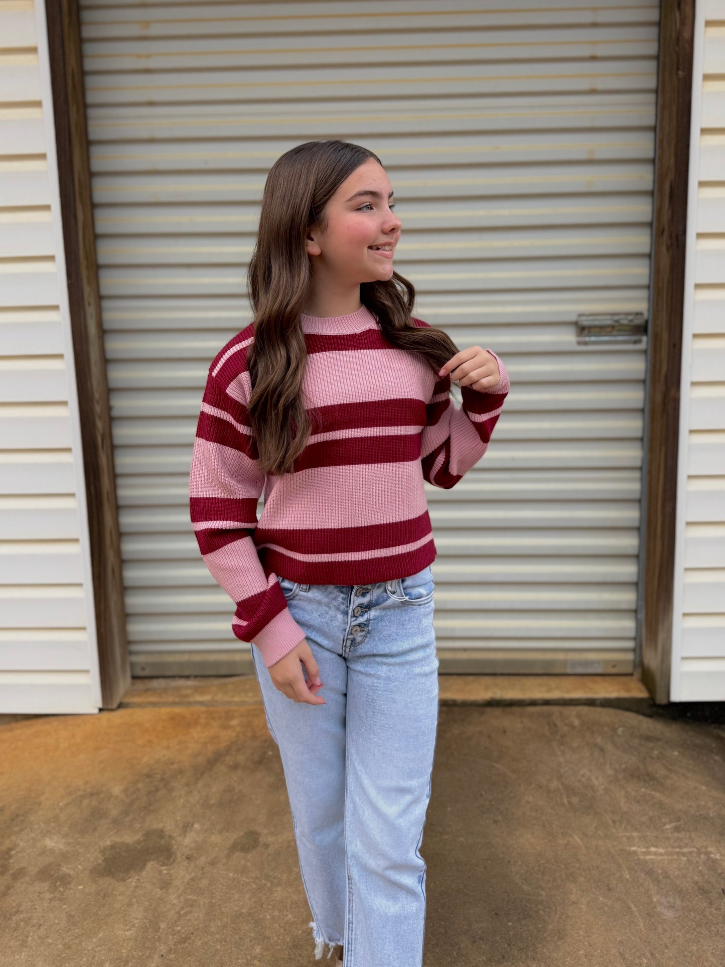 Girls Pink/Red Striped Sweater