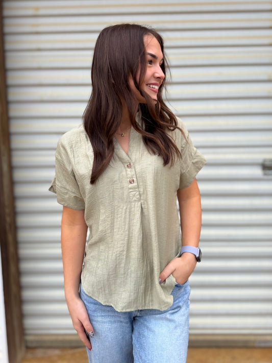 Collared Half Button Short Sleeve Top, Light Olive