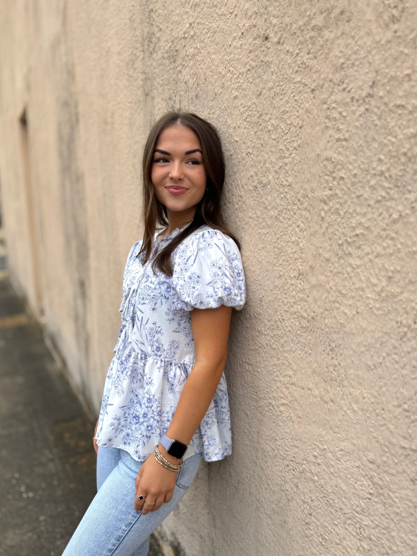 Front Ribbon Bow Tie Floral Blouse