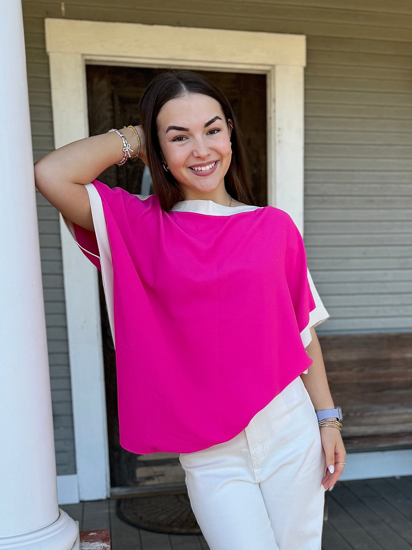 Rose Color Block Boatneck Blouse