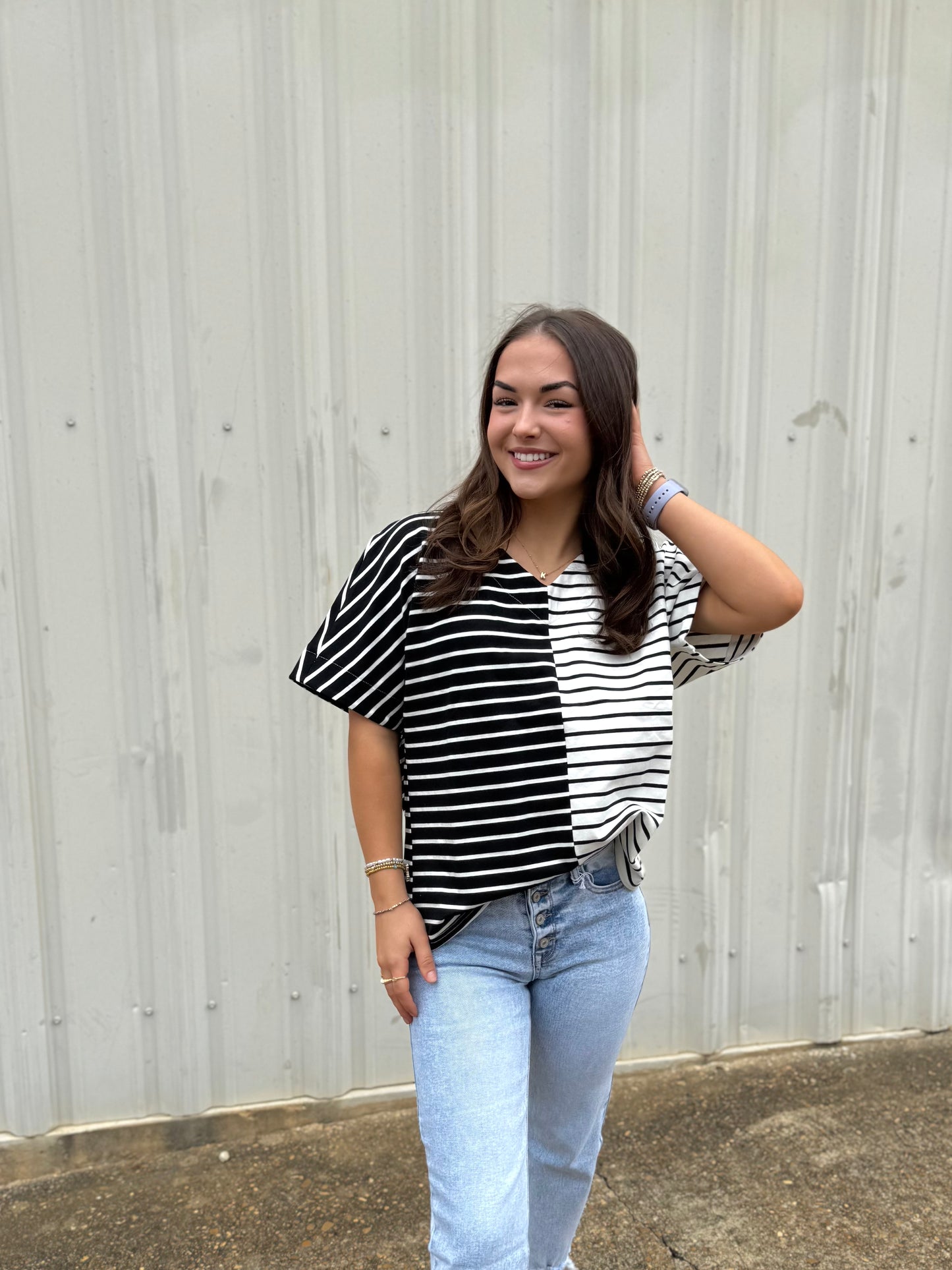 Black Stripe Color Block V-neck Tee