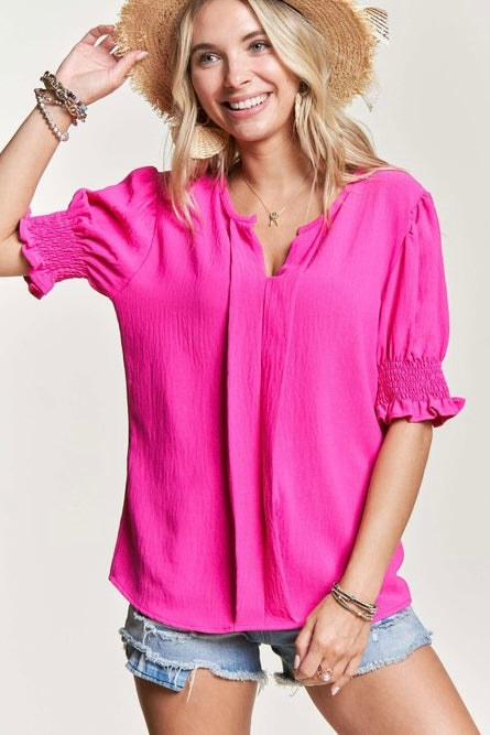 Front Pleated Top with Smocked Sleeve Detail