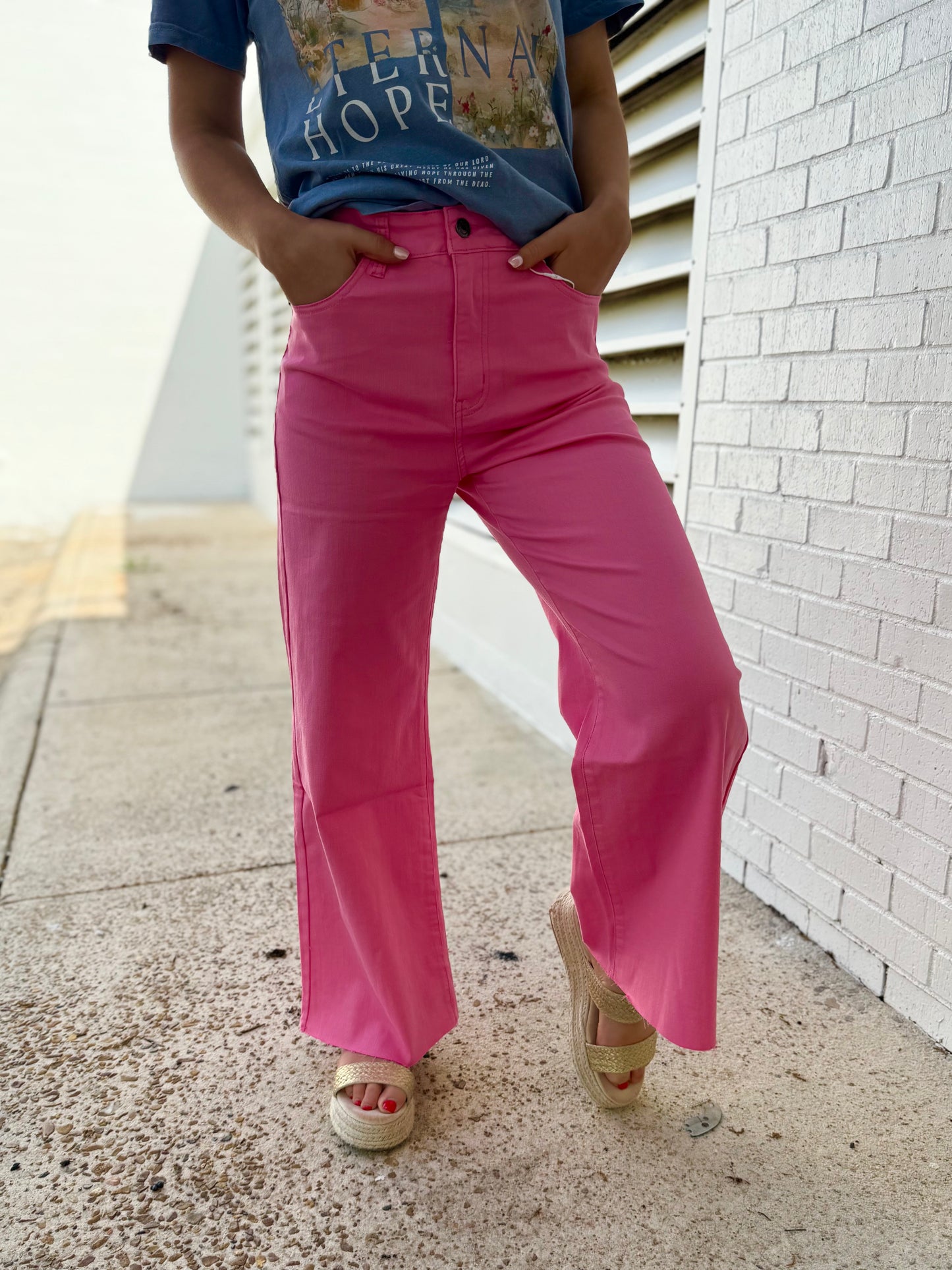 Pink Stretch High Rise Wide Leg Cropped Jeans