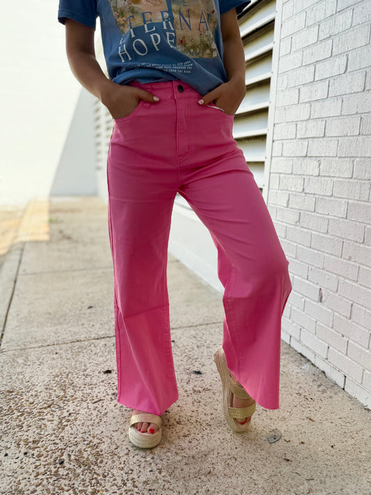 Pink Stretch High Rise Wide Leg Cropped Jeans