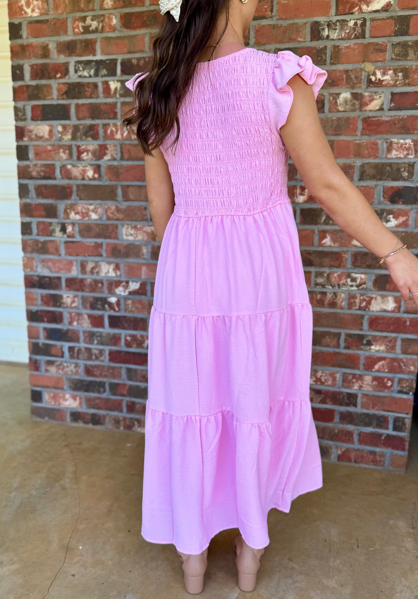 Flutter Sleeve Smocked MIDI Dress, Light Pink