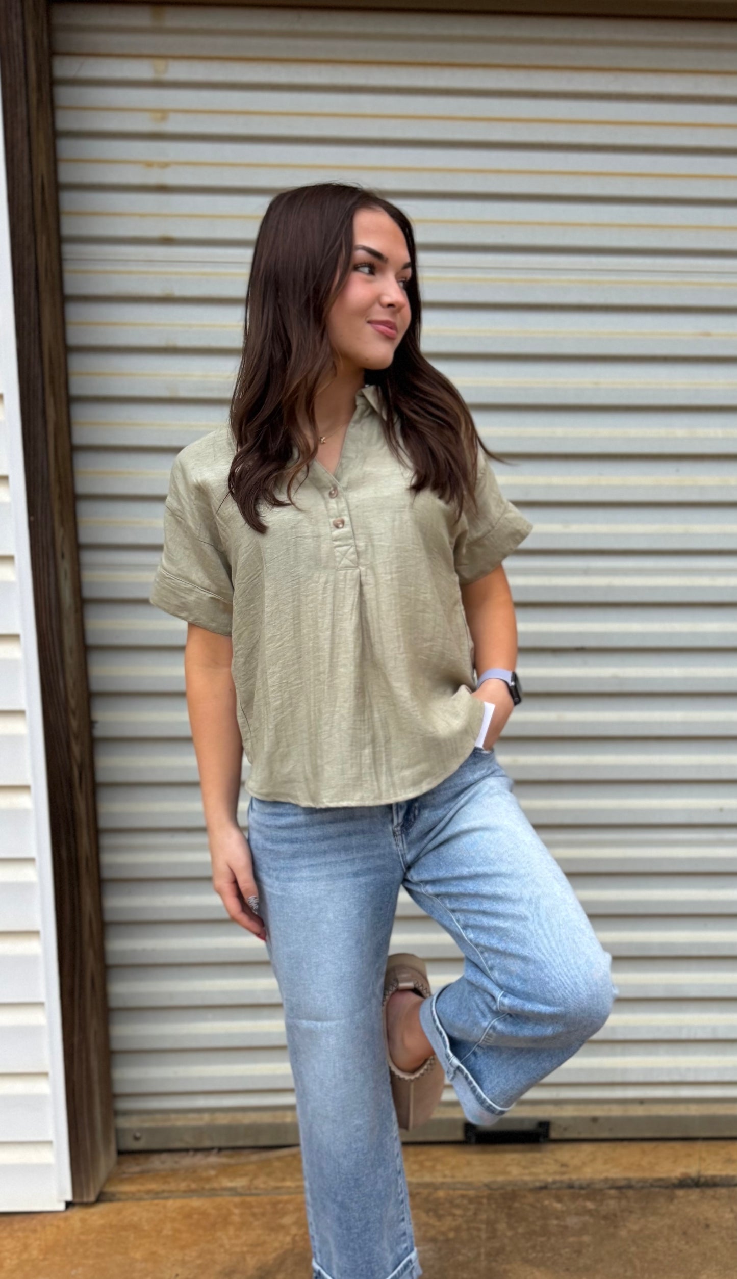 Collared Half Button Short Sleeve Top, Light Olive