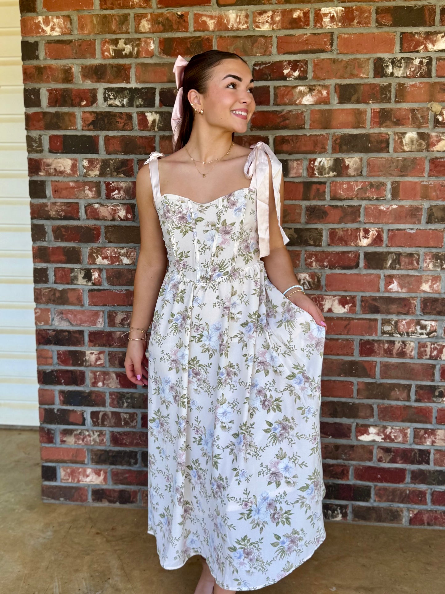 Floral Corset Detail Tie Strap MIDI Dress, Beige Multi