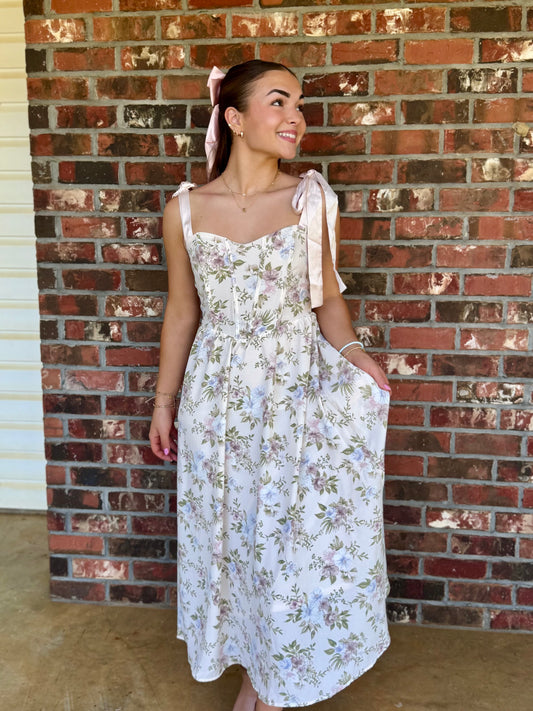 Floral Corset Detail Tie Strap MIDI Dress, Beige Multi