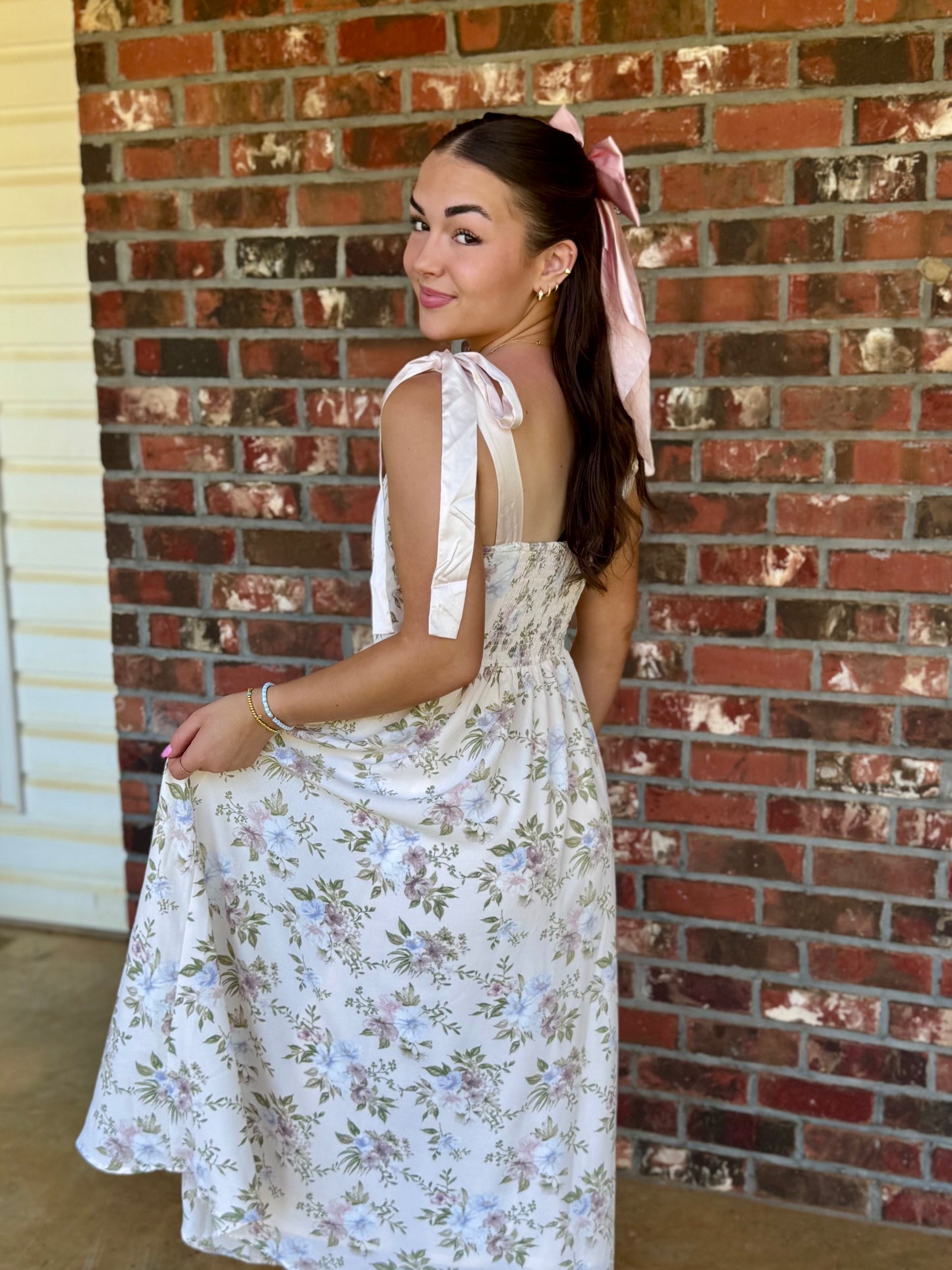 Floral Corset Detail Tie Strap MIDI Dress, Beige Multi