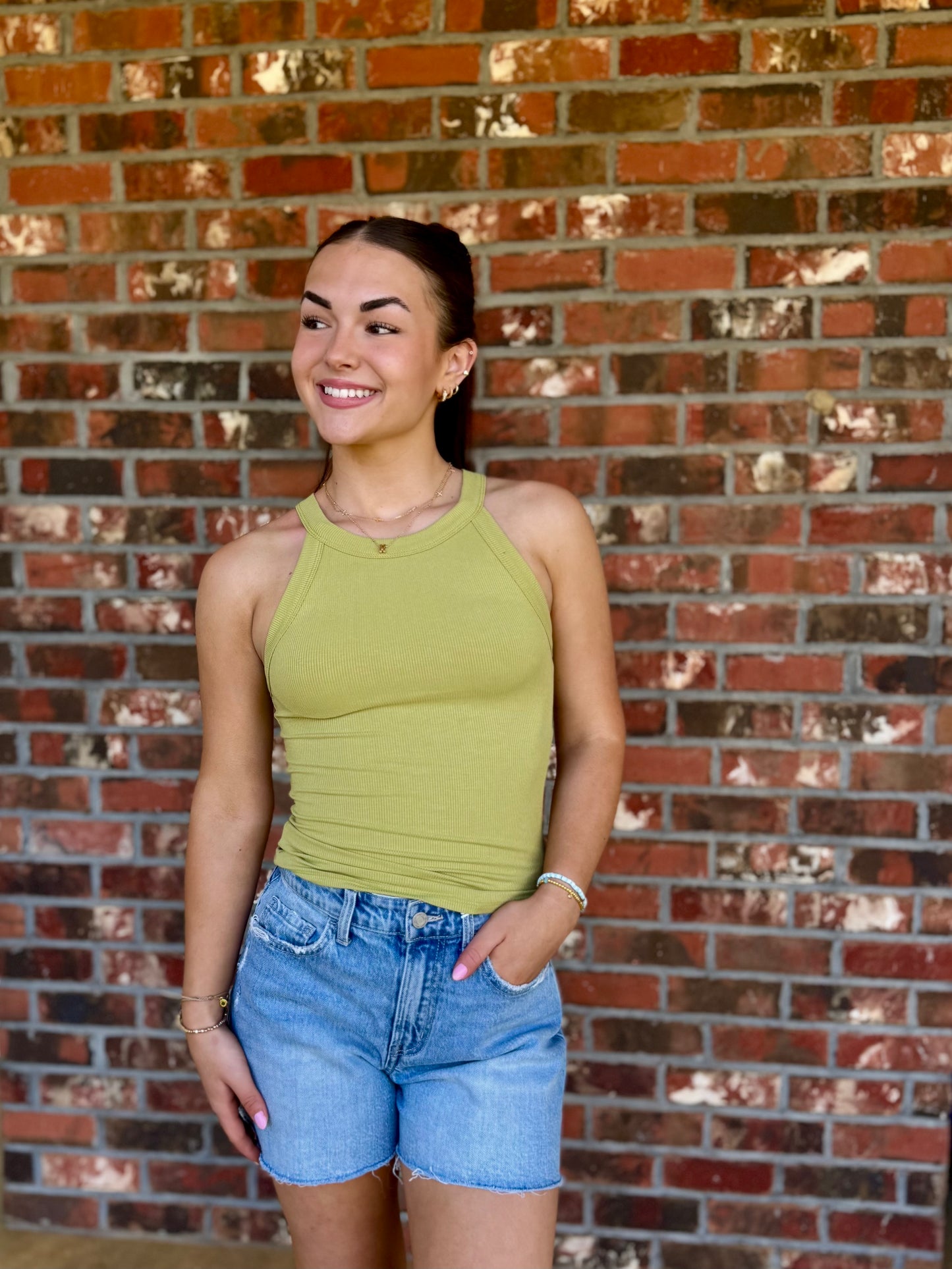 Solid Round Neck Knit Tank, Kiwi