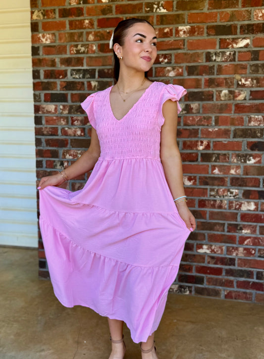 Flutter Sleeve Smocked MIDI Dress, Light Pink