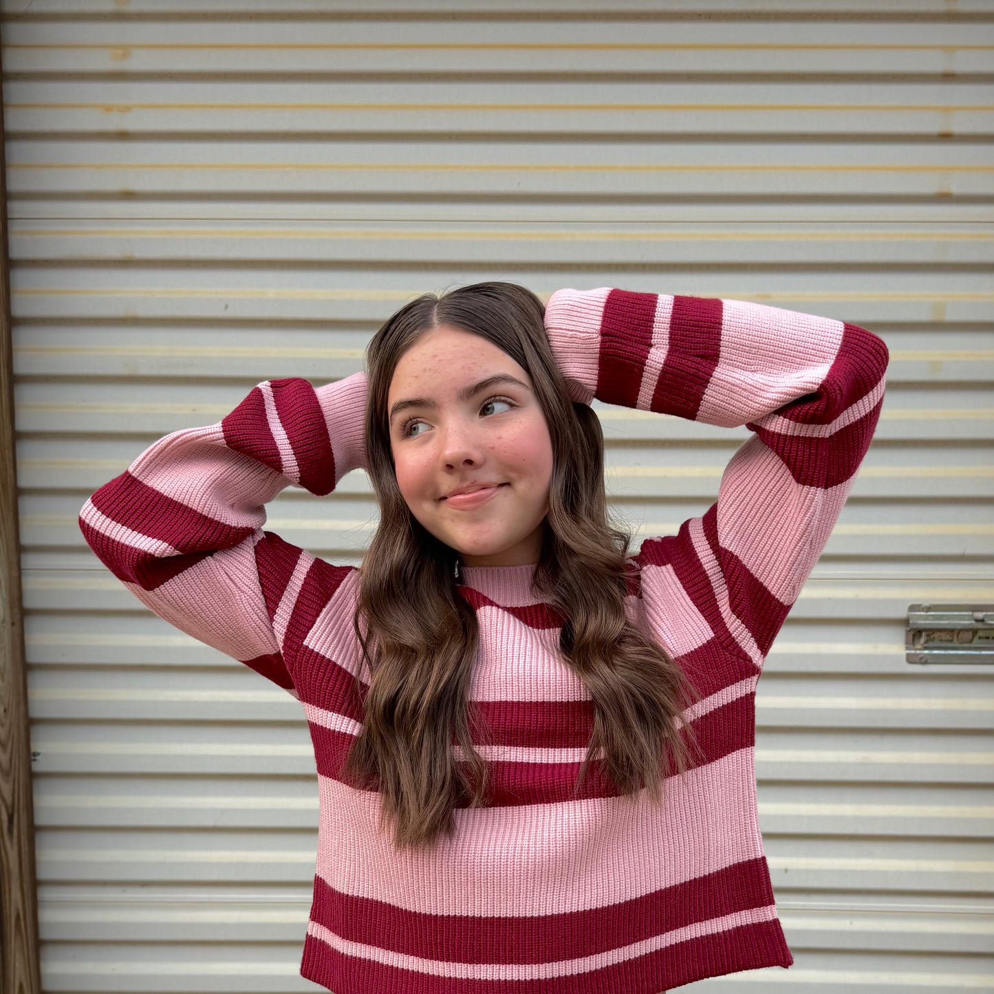 Girls Pink/Red Striped Sweater