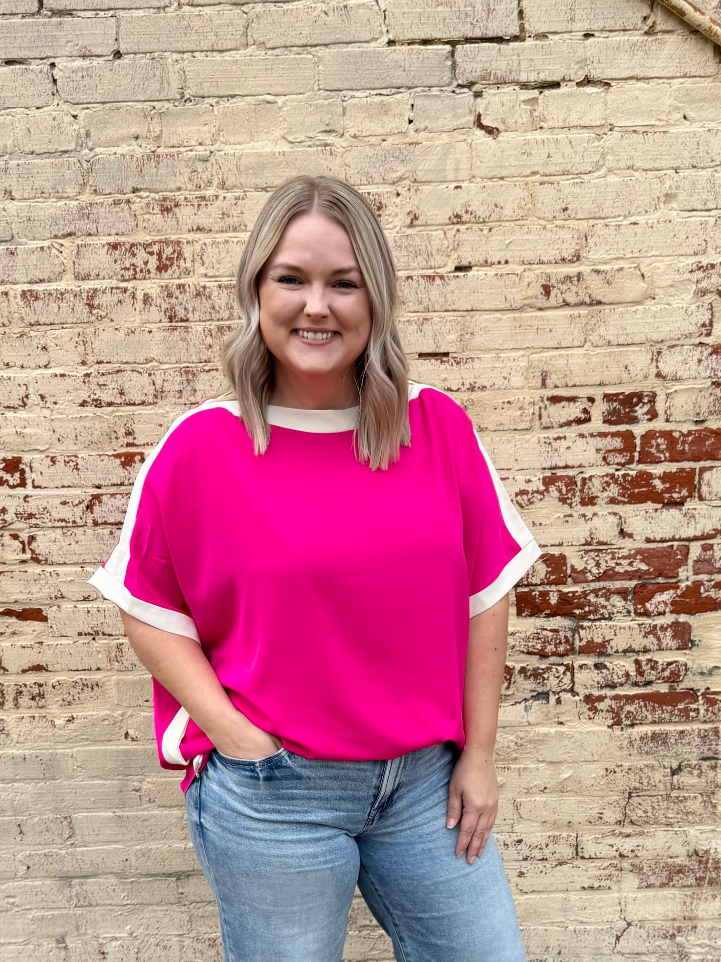 Rose Color Block Boatneck Blouse