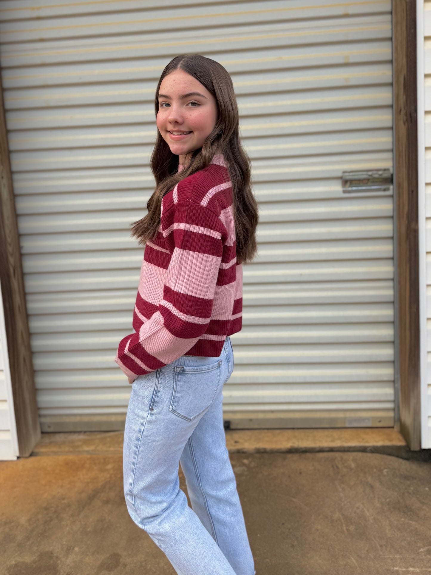 Girls Pink/Red Striped Sweater