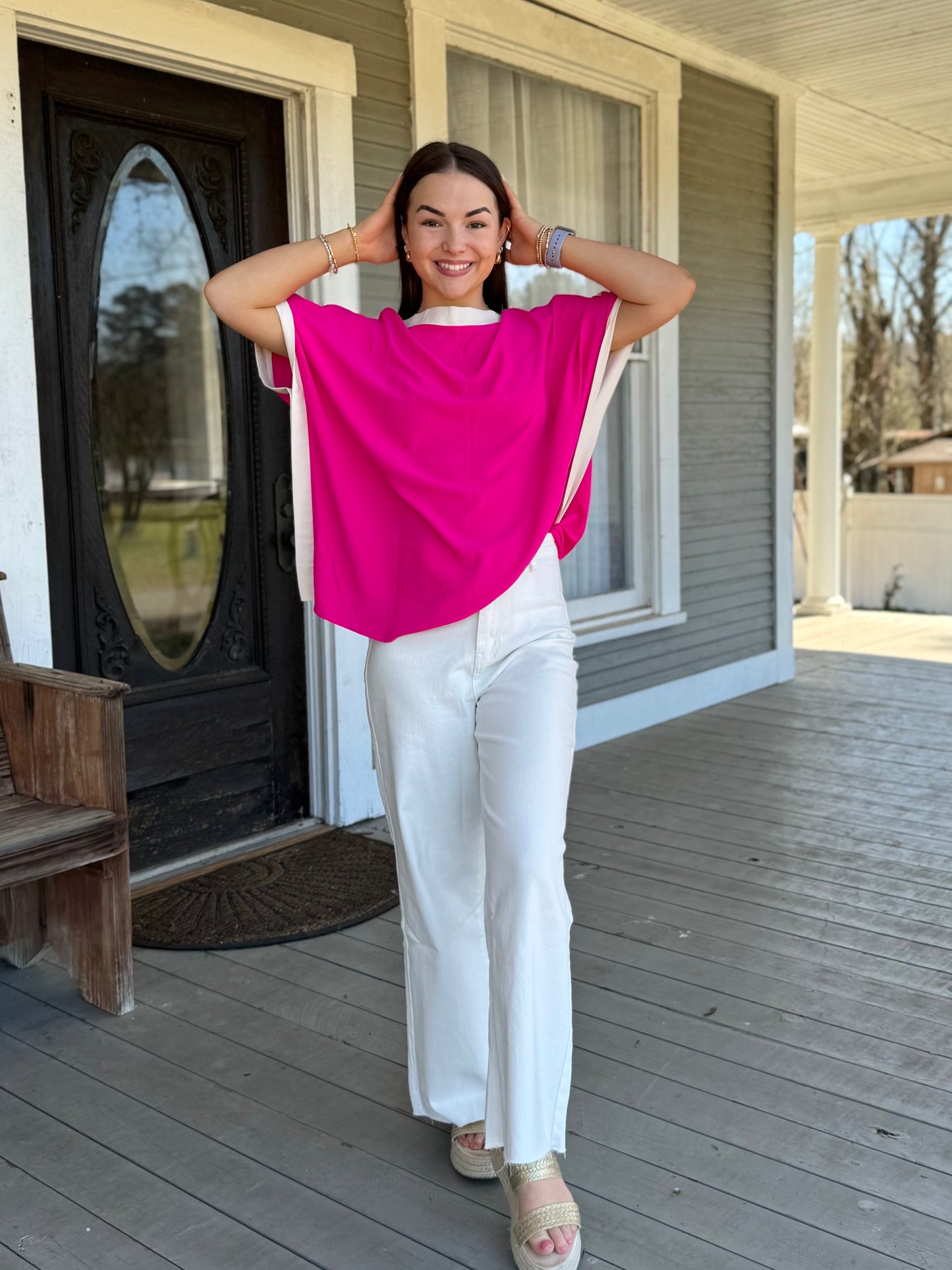 Rose Color Block Boatneck Blouse