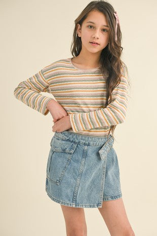 Girls Pink/Sage Striped Ribbed Top